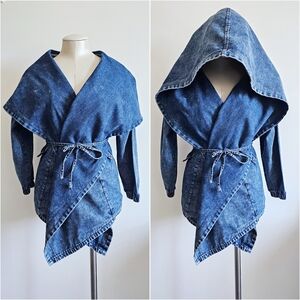 90s Madein Dark Wash Denim Avant Garde Dramatic Shawl Collar Hooded Wrap Jacket